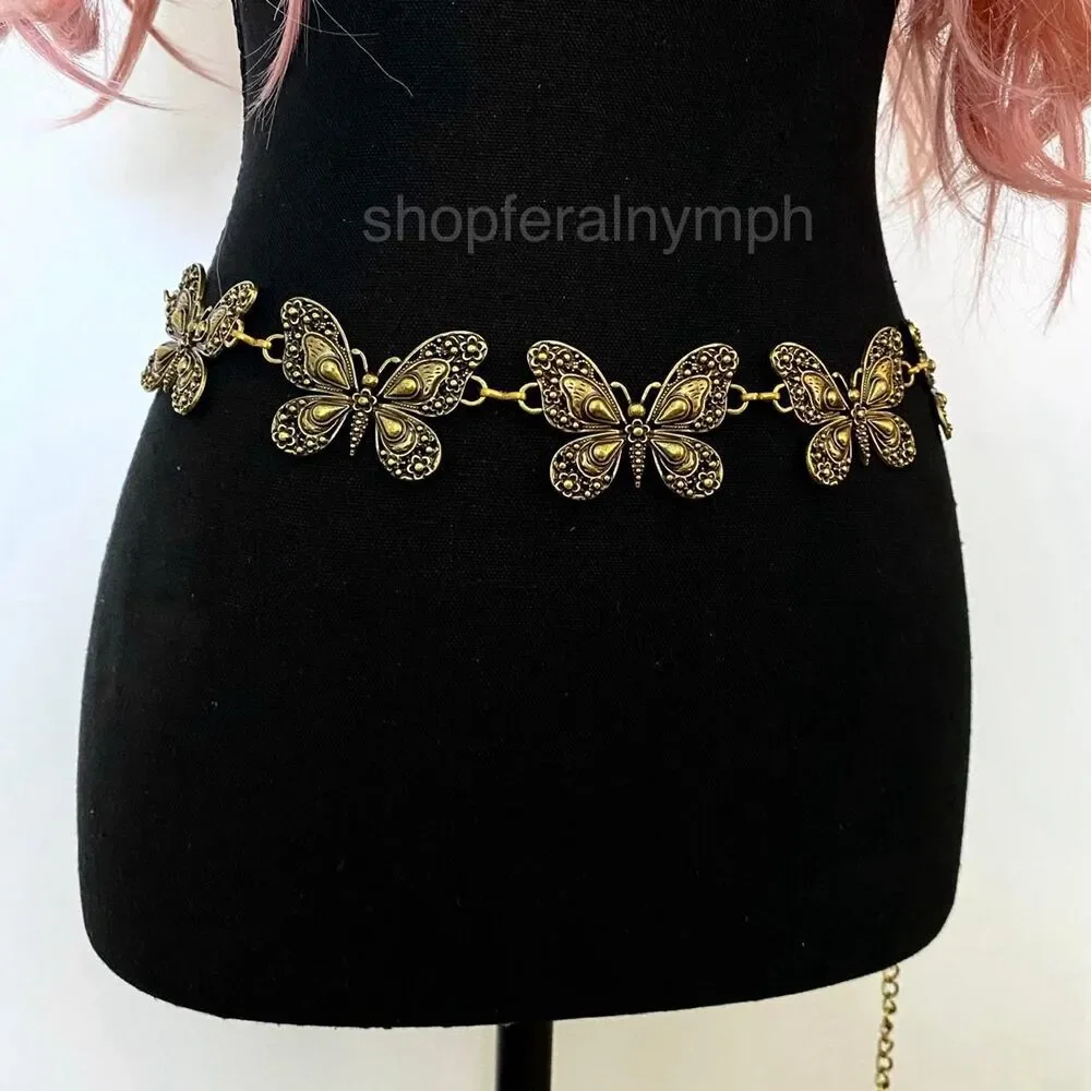 Antique Gold Y2K Butterfly Fairycore Chain Belt, Fits 15-46 Inches, X7GA1273